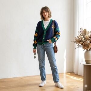 Vintage Context Navy Argyle Cardigan Cotton Academia Preppy Size L